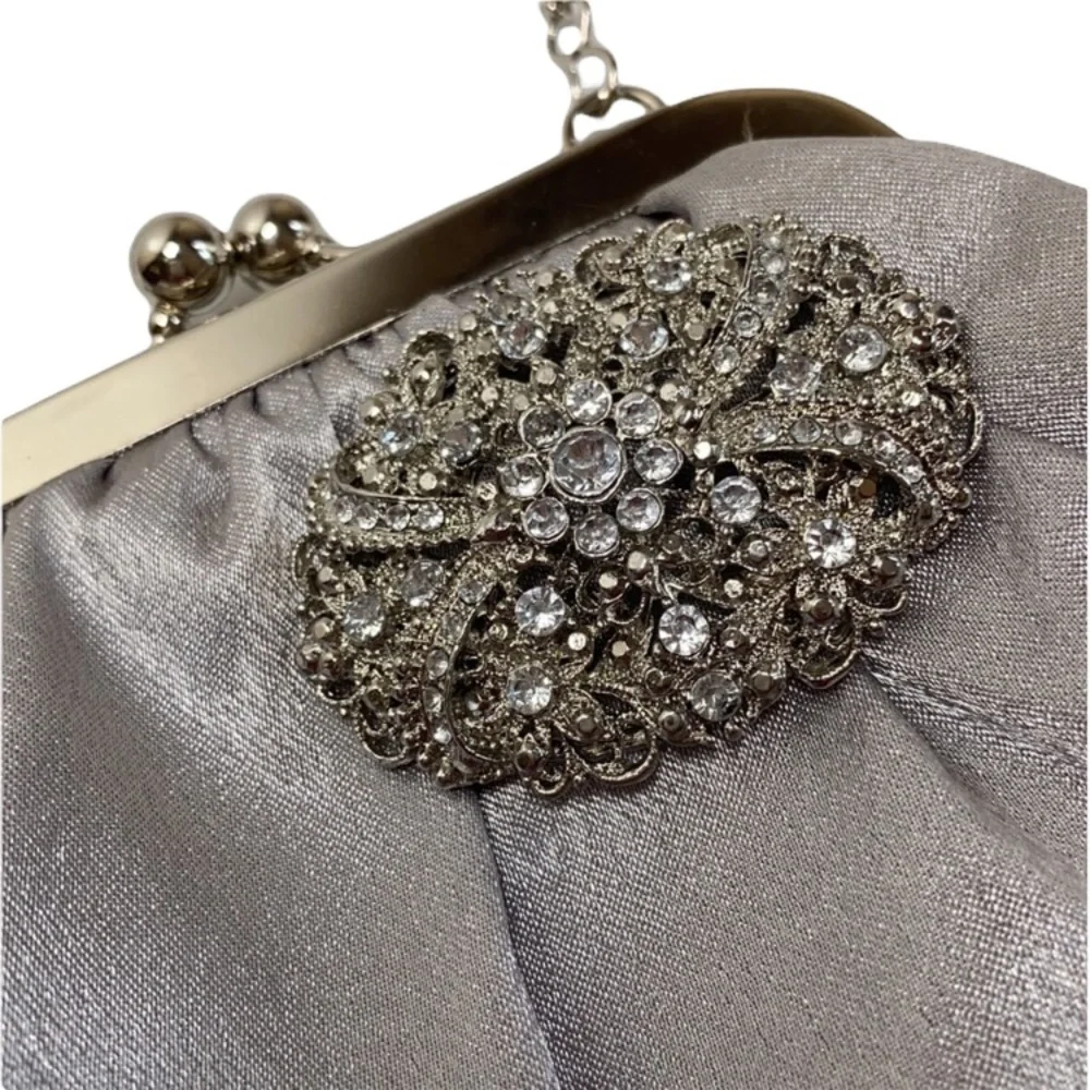 Vintage Purse Silver Rhinestone Jewel Embellished Button Silver Chain Handle Y2K